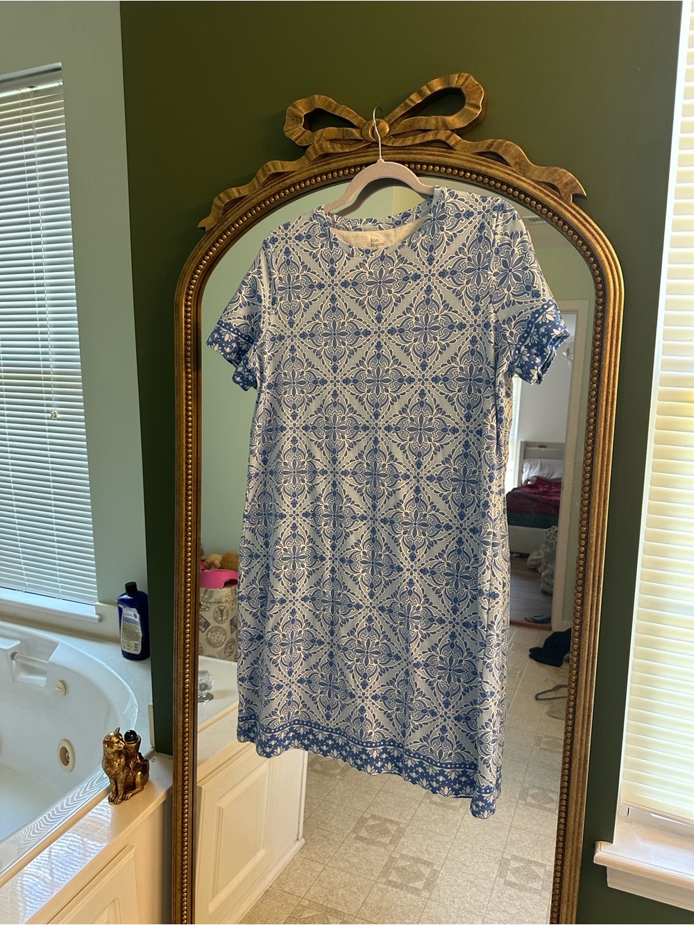Kim Rogers Blue and White Tile-Print Short Sleeve Dress